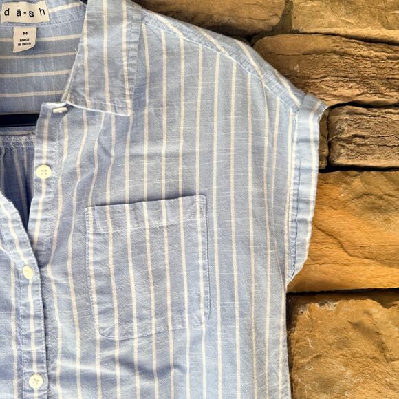 Da-sh XL Striped Blue White Cap Sleeve Button Up Women's Cotton Blouse Coastal - Picture 7 of 12